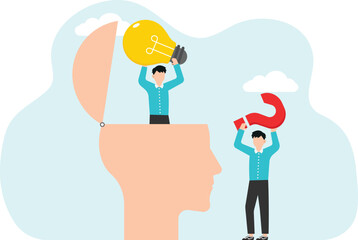 Brainstorming to solve business problems, creativity or intelligence to create new ideas or opportunities, thought process or logic to achieve goals, men holding question mark and light bulb in heads.