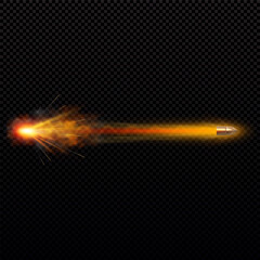 Golden bullet with a fiery trail, explosion, sparks, dust, shot trajectory, glow effect.