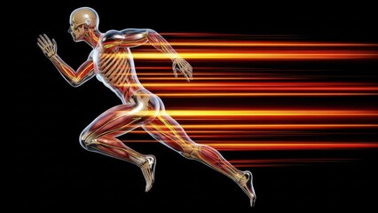 Obraz premium A digital illustration of a human body with visible muscles and bones running with motion blur on a black background