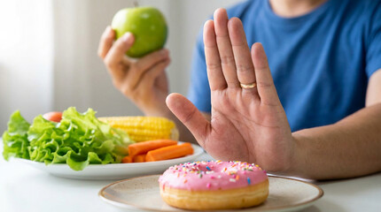 A person's hand rejects a sugary donut, choosing a healthy apple and fresh vegetables instead, symbolizing a conscious diet and wellness choice