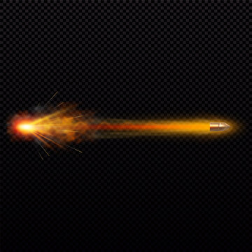 Golden bullet with a fiery trail, explosion, sparks, dust, shot trajectory, glow effect.