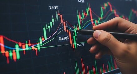 Hand pointing at stock market chart on screen showing financial analysis