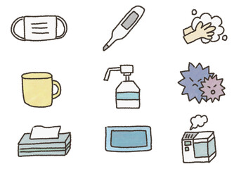 感染予防の医療アイコンセット（マスク・手洗い・消毒・検温）【クレヨン手書き】