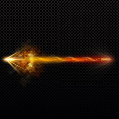 Flying golden bullet with a fiery trail, explosion, particles, smoke, and glow effect.