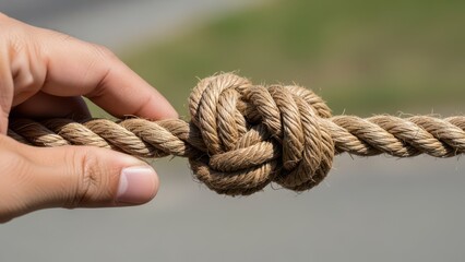 Fototapeta premium A hand holding a rope with a knot in the middle, closeup view of a secure tie