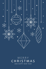 Elegant minimalist blue Christmas poster vector; Hanging decorations ornaments line art; Winter greeting card template