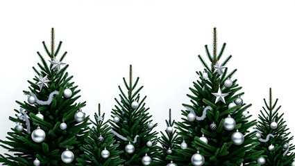 Fototapeta premium A row of three beautiful Christmas trees decorated with elegant silver ornaments, on a clean white background.