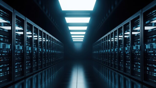 A dark and futuristic server room with rows of computer servers and bright lights