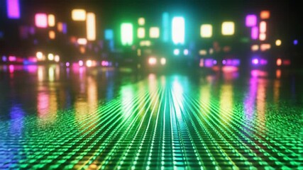 Digital grid surface with colorful data flow illumination - Powered by Adobe