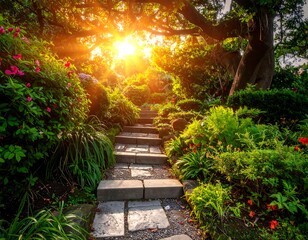Stone pathway ascends into radiant sunlight, framed by lush foliage