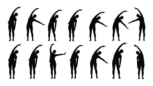 A series of figures demonstrating stretching exercises in black silhouette