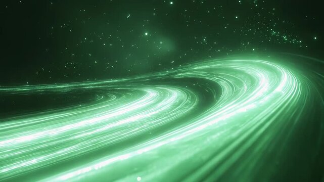 Green cosmic spiral light trails flowing across space
