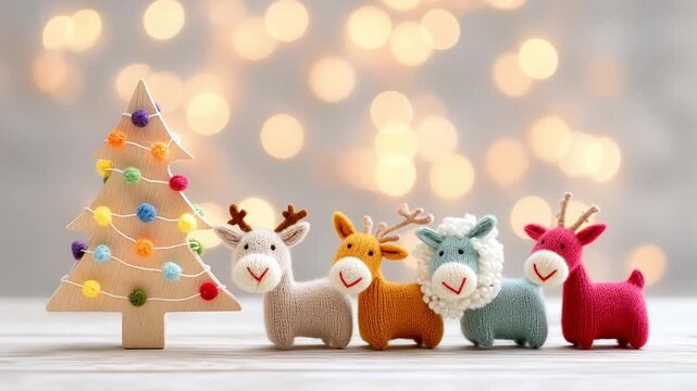 Colorful Christmas Celebration with Cute Knitted Reindeer Figurines Beside Charming Wooden Tree Adorned with Festive Lights for Cozy Holiday Decoration Atmosphere
