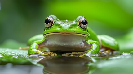 Green tree frog resting on a wet lily pad
