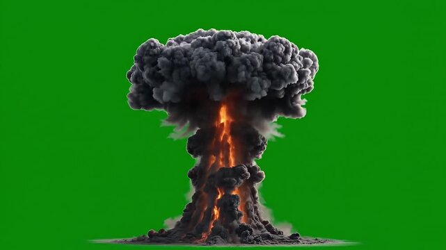 Stunning, dynamic nuclear explosion mushroom cloud effect erupting powerfully on green screen for dramatic visual effects projects