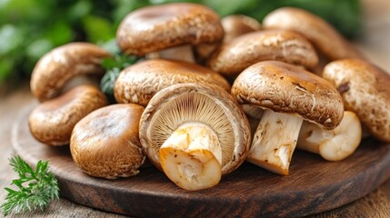 Brown cremini mushrooms on rustic wooden board