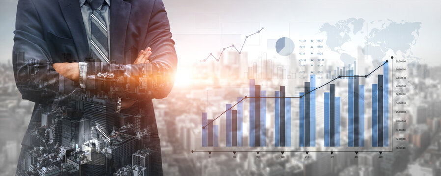 A professional businessman stands confidently with arms crossed in front of a city skyline, showcasing financial growth data through graphs and charts. Scalp - Powered by Adobe