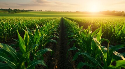 Green cornfield rows growing under golden sunset light