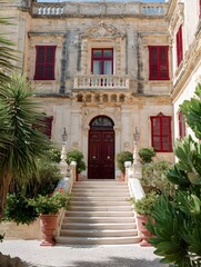 Fototapeta premium Radiant Hacienda Columns and Stairs Framed by Palm Trees – Immersive Villa Palace Visual for Digital Wellness Campaigns