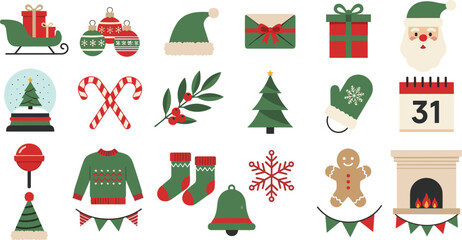 Christmas Vector Icon Collection, Cute Cartoon Festive Winter Symbols Set, Flat Design Kit, Santa Claus, Gingerbread, Tree, Gifts, Fireplace, Sweater.