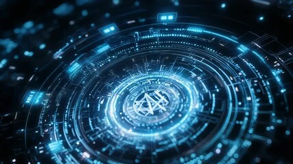 Futuristic data processing technology with glowing digital concentric circles - Powered by Adobe