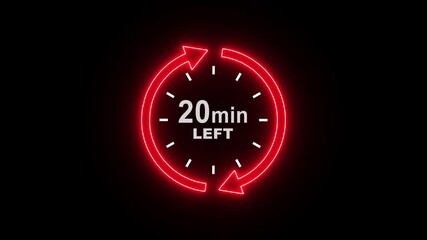 Animated of 24 hours clock with red rotating circle arrow and the numbers 20 minute left text looped animation. waiting timer concept animation on black background.