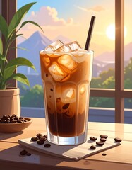 Digital painting of a tall glass of iced coffee, ice cubes, straw. Wooden table with coffee beans and a view of mountains