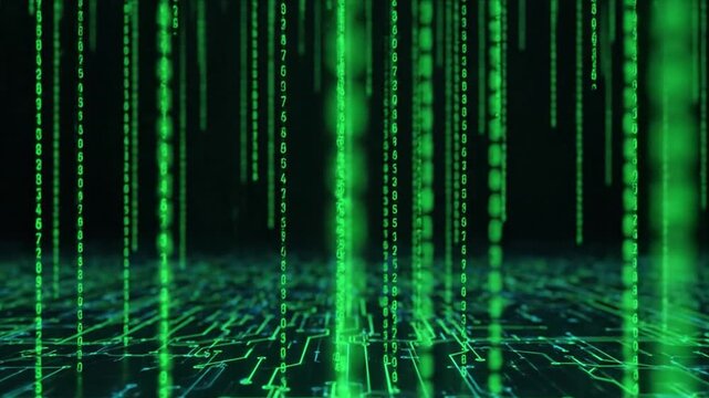 Luminous Green Matrix Code Falling, Digital Abstract Background