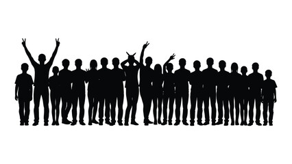 A large crowd of people with arms raised in a celebratory silhouette