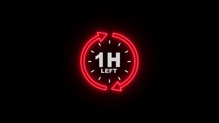 Animated of 24 hours clock with red rotating circle arrow and the numbers 1 hours left text looped animation. waiting timer concept animation on black background.