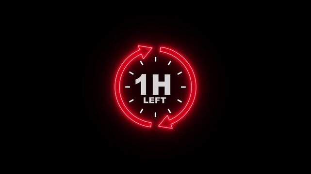 Animated of 24 hours clock with red rotating circle arrow and the numbers 1 hours left text looped animation. waiting timer concept animation on black background.