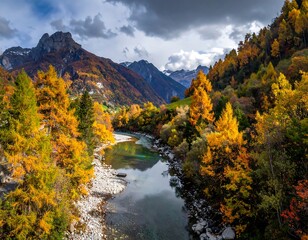 Stunning autumn river scene with mountains, trees, and cloudy skies