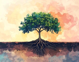 Digital painting of a vibrant green tree with exposed roots, set against a colorful watercolor-style sky and earth