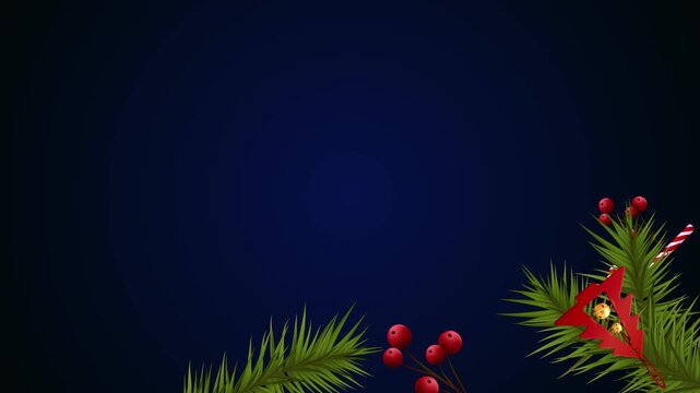 Christmas background dark blue gradient festive border with pine branches red berries candy cane and tree ornament design