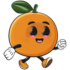 cute orange mascot character walking, happy mandarin fruit cartoon vector illustration, work of hand drawn