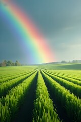 Obraz premium Vibrant Rainbow Arches Over Lush Green Agricultural Field After Rain.