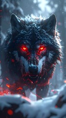Digital painting of a wolf with glowing red eyes, set in a snowy forest scene, close-up with intense stare