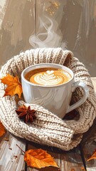 Digital painting of a warm beverage in a white mug, detailed with leaf art, wrapped in a knitted scarf on a wooden surface with fall leaves