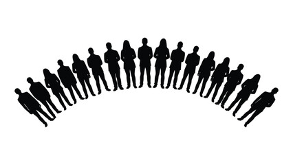 A curved line of people standing together a striking silhouette