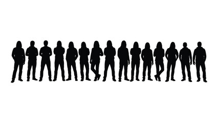 A line of people in various poses presented as a dark silhouette