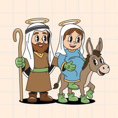 The Holy Family Journey: Cartoon Joseph, Pregnant Mary on a Donkey, Nativity Scene Vector