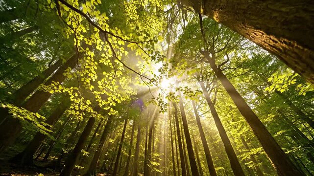Bottom-up view of tall green trees with sunlight shining through vibrant leaves, creating a bright, peaceful 4K nature scene filled with warm beams and lush forest atmosphere