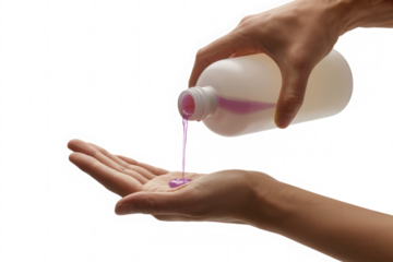 Hand pouring clear liquid from bottle into open palm for hygiene