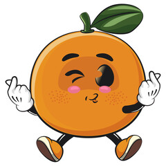 cute orange mascot character two hands giving a sign of love, happy mandarin fruit cartoon vector illustration, work of hand drawn