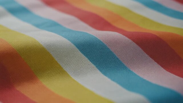 Abstract view of gently folded textile material showcasing a cheerful pattern of wavy, multi-colored bands, creating a vibrant and inspiring background texture