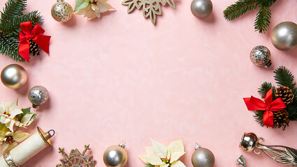 A beautiful Christmas flat lay on a pink background, with a frame of gold and silver ornaments, gifts, and red bows.