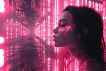 A stunning woman with vibrant, glowing red hair stands confidently in a technologically advanced, futuristic environment. The image evokes a sense of wonder and innovation.