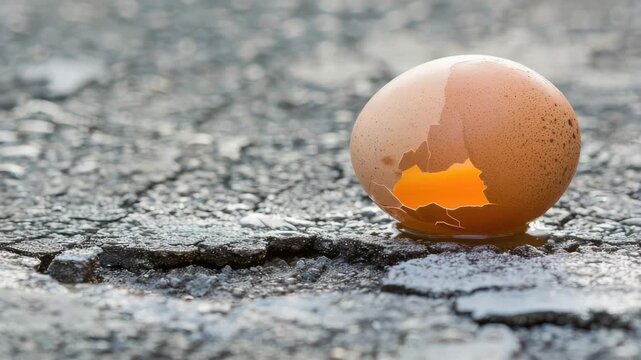 Broken egg on cracked pavement with sunlight shining through