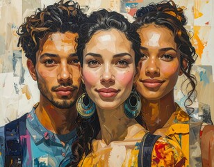 Digital painting of three diverse individuals. Center figure is a woman with beaded earrings. Other two frame her
