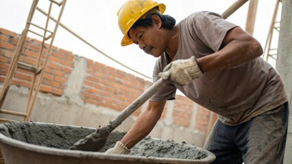 Close Up Construction Worker Mixing Wet Cement at Outdoor Building Site for Industry